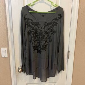 Fifth Sun Dark Gray Printed Glitter Long Sleeve Tunic Top - XL - Excellent